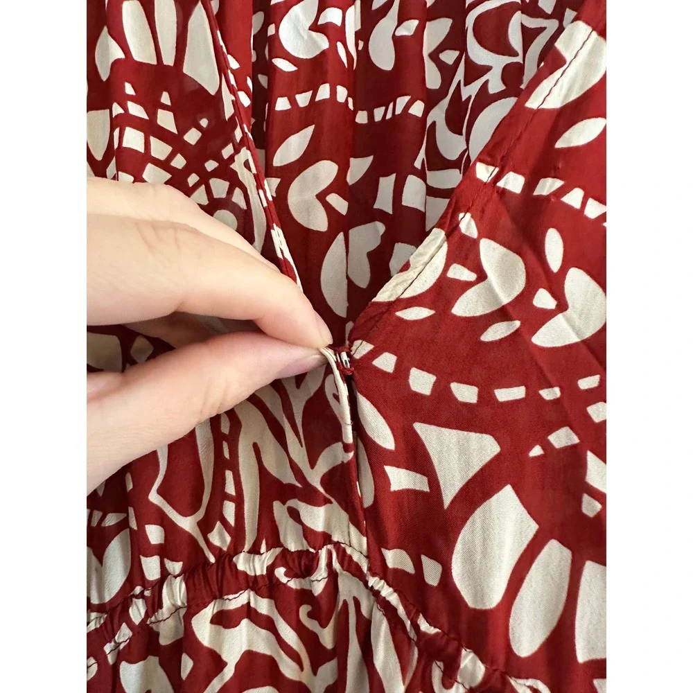 ba&sh Lady Dress Red Cream Abstract Print V-Neck Mini Dress Womens Size M‎